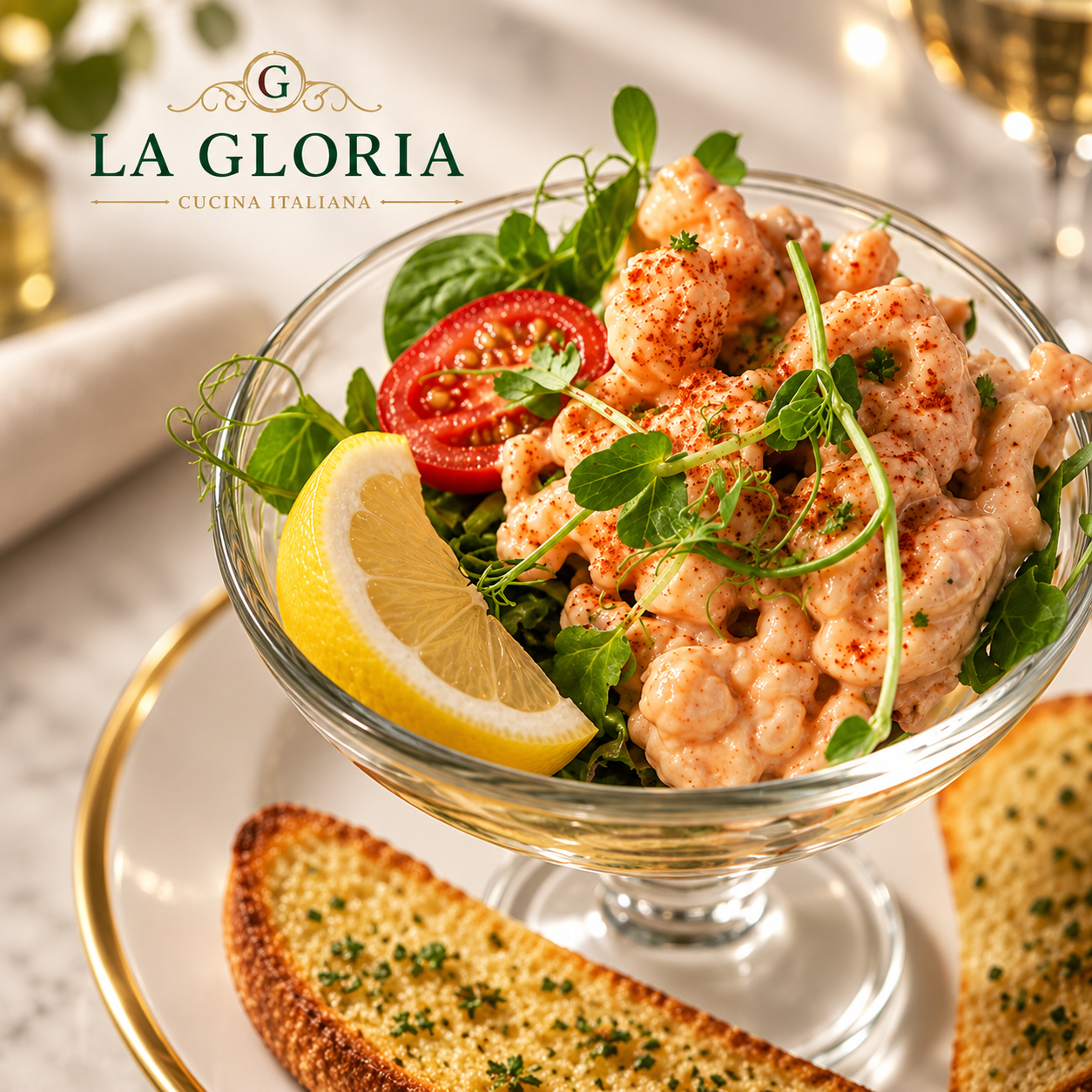 La Gloria prawn cocktail served with salad and lemon